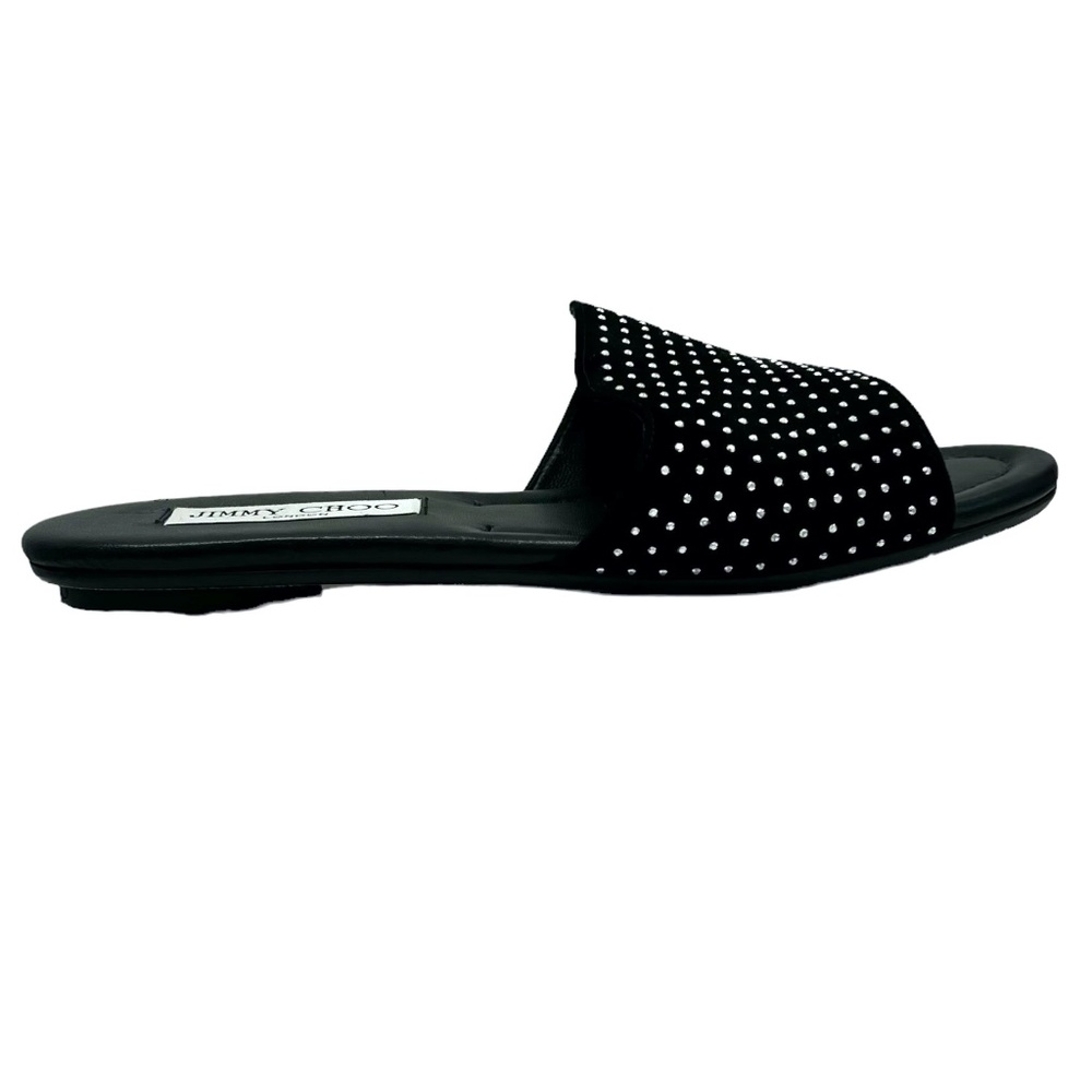 JIMMY CHOO BLACK SUEDE WITH SILVER STUDS NANDA FLAT SLIDE